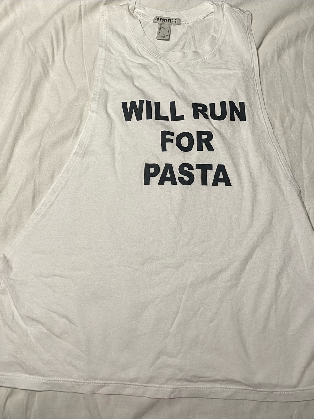 💙 3/$35💙 Forever 21 - White Graphic Muscle Tank - "Will Run For Pasta"